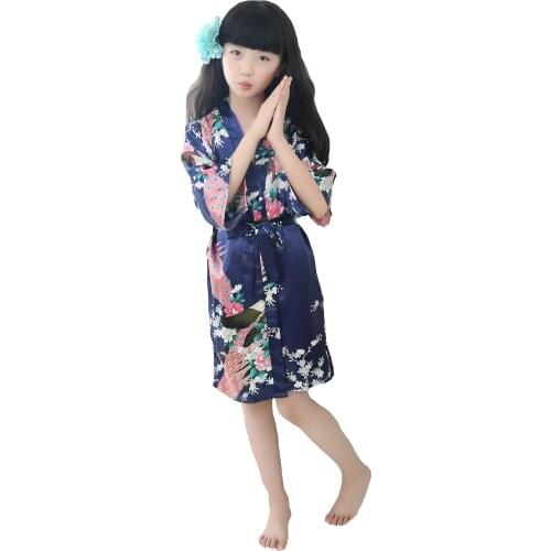 Childs Satin Kimono Robes for Girls Sleepwear Peacock Flower Dark Blue Robe for Spa Wedding Birthday Gift