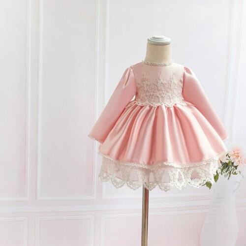 Pink Lace Flower Baby Girls Dresses Cute Infant Baby Girl Long Sleeve Christening Gown Newborn Toddler Tutu Girl Wedding Dress