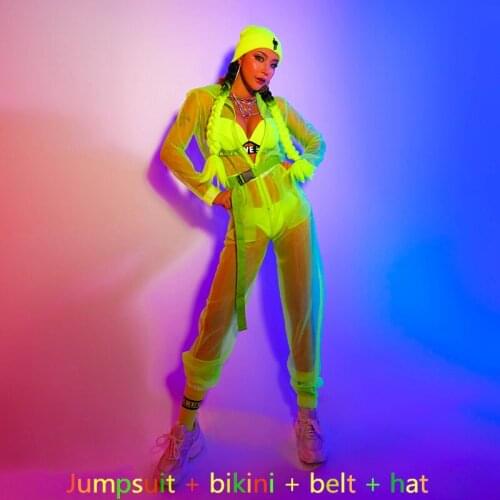 New Fashion fluorescent color perspective Jumpsuit Women Singer Sexy Stage Outfit Bar DS Dance Bodysuit Performance Show Costume