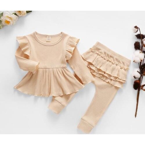 Two-piece Suit 2020 New Product Solid Color Pit Strip Autumn Baby Childrens Ruffled Fly-sleeved Top And Trousers Suit