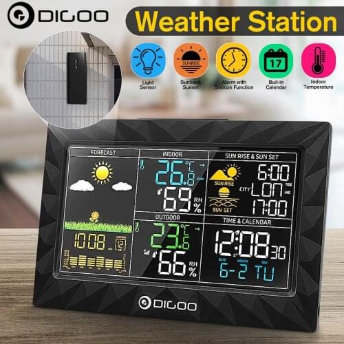 DIGOO DG-TH8988 LCD Weather Station Indoor Outdoor Thermometer Humidity Barometer Snooze Alarm Clock Sunrise Sunset Calendar