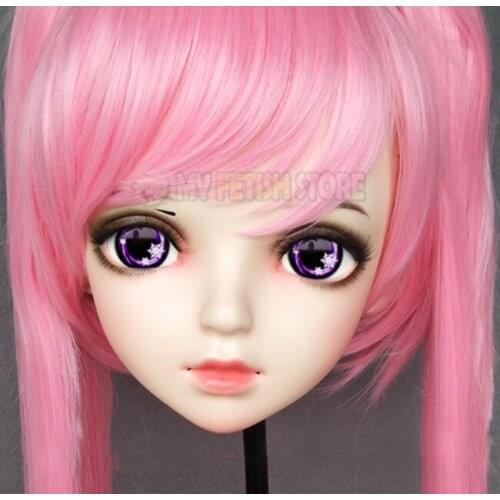 Miao-7)Female Sweet Girl Resin Half Head Kigurumi BJD Eyes Crossdress Cosplay Japanese Anime Role Lolita Mask With Eyes And Wig