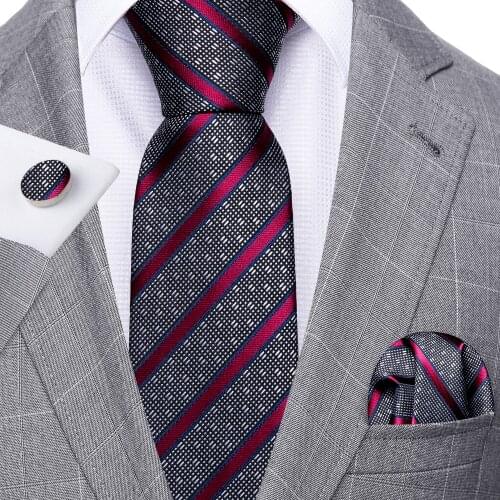 Fashion Gray Red Striped Men Tie Set Silk Jacquard Neckties Wedding Business Handkerchief Cufflink Tie Set Barry.Wang FA-5295
