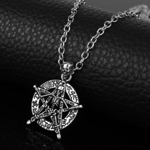 Mens Jewelry Charms Death Skull Head Bone Pentagram Pendant Necklace Punk Male Boys Chain Pendants Supernatural Necklace Colar
