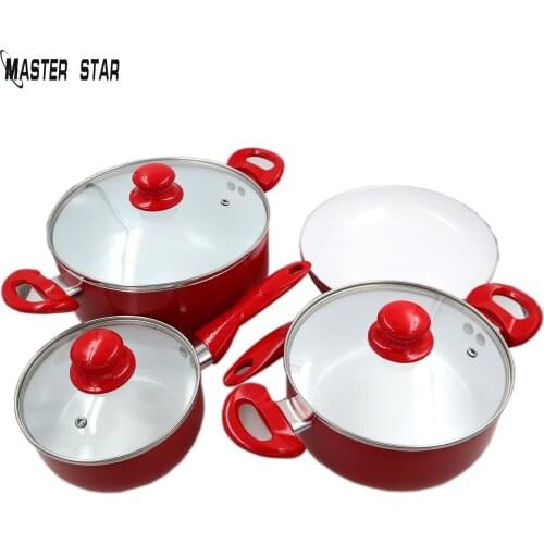 Master Star White Ceramic Coating Red Cookware Set Saucepan &Frying Pan & Milk Pot & Glass Cover Total 7PCS Non-stick Fire Use
