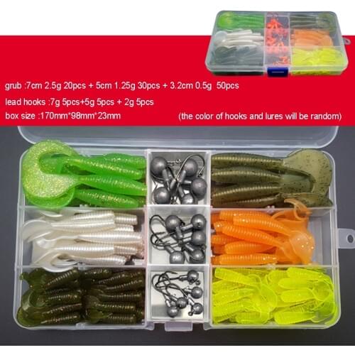 115pcs/lot Fishing Lure Set With Box Texas Rig Mixed Silicon Bait Grub Soft Lure 7cm/5cm Lead Head Hooks 2g/5g/7g A066