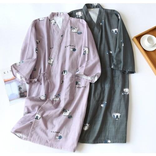 Spring Nightgown Robe Cotton Gauze Thin Loose Steamed Bathrobe Couple Home Wear Cartoon Japanese Kimono Robe For Men and Women