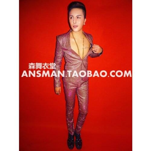 Nightclub male singer dj show purple shining Slim Suits set Party show stage performance wear mens formal dress