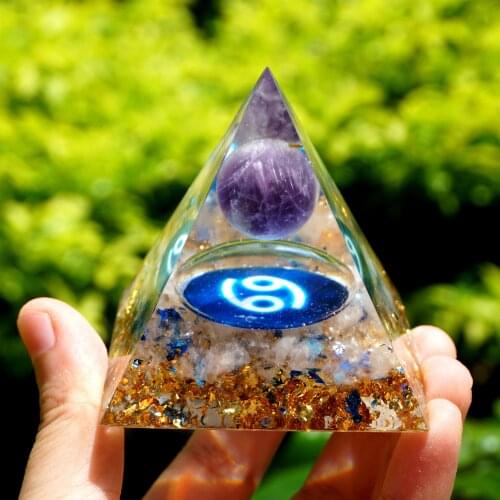 Handmade Orgonite Pyramid 60mm Zodiac Amethyst Crystal Sphere White Quartz Natural Cristal Stone Reiki Energy Healing Orgone
