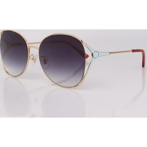Oval metal sunglasses women with blue metal temples