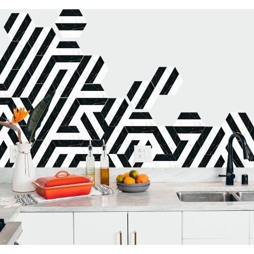 Pop new modern abstract hexagonal floor paste waterproof tile black and white marble line stickers