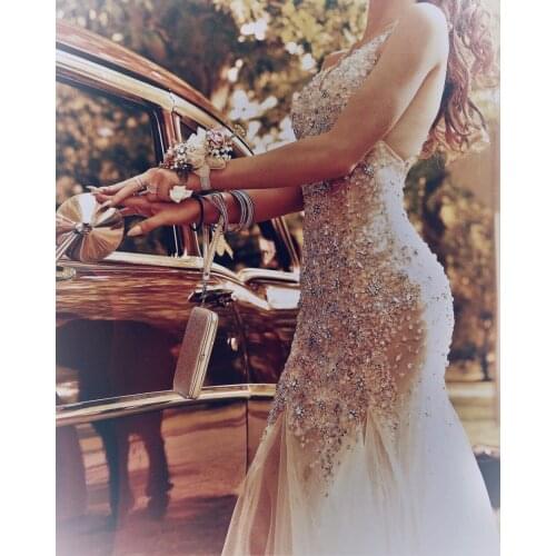 Sexy See Through Tulle Long Evening Gown robe de soiree Luxury Beaded Mermaid Women Dinner Dress Formal Dress