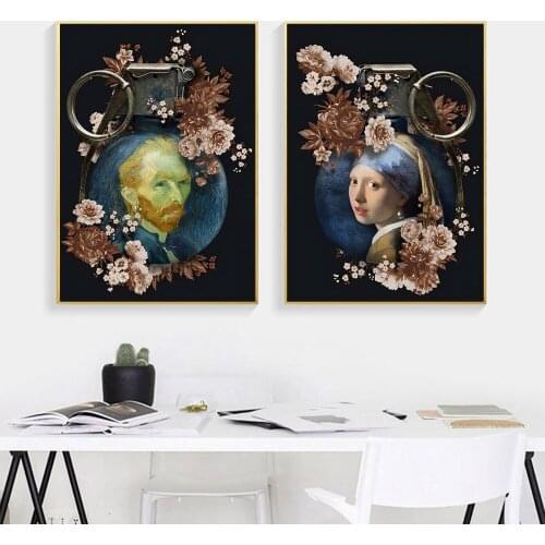 Nordic Decor Flower Van Gogh And Pearl Earring Girl Funny Poster Art Painting On Canvas Prints Wall Pictures For Living Room
