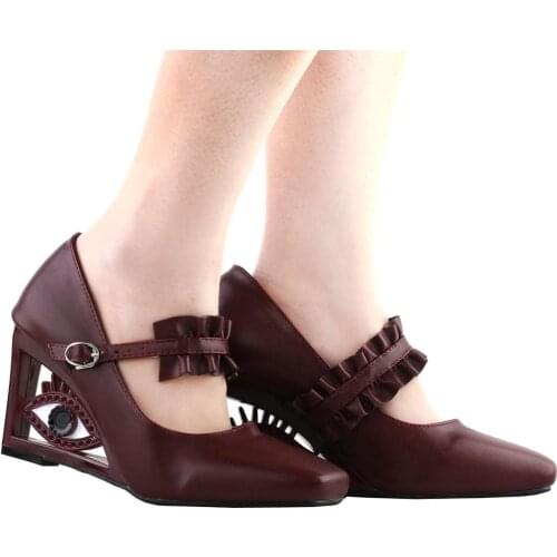 SHOW STORY Vintage Ruffle Mary-Jane Square-Toe Wedge Eye Shape High Heels Pumps