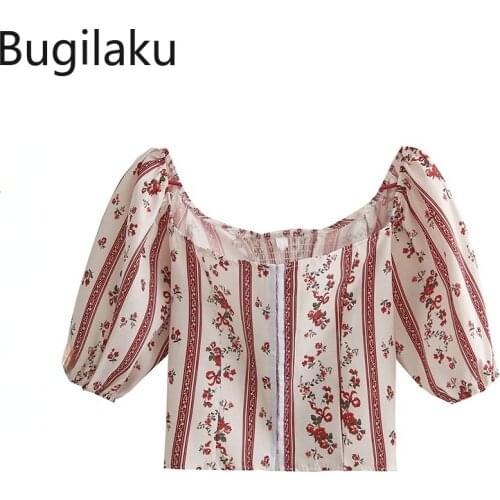 Bugilaku Slash Neck Vintage Shirts Women Bare Shoulder Short Sleeve Floral Printed Cropped Tops Korean Fashion Casual Blouse