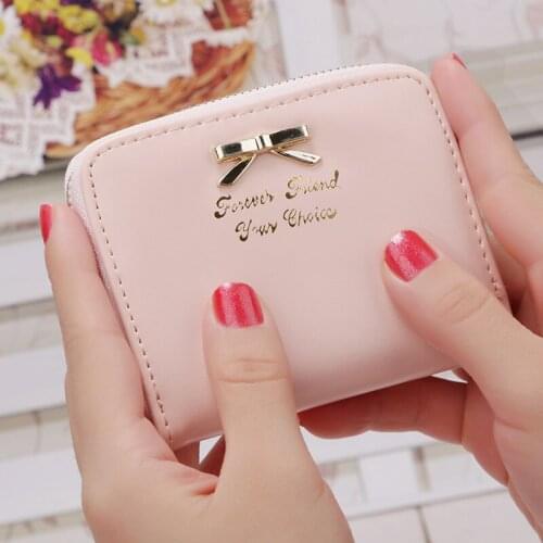 Womens Cute Short Bow Wallet Female Letter Pu Leather Zipper Coin Purses Ladies Card Holder Clutch Bag Money Clip