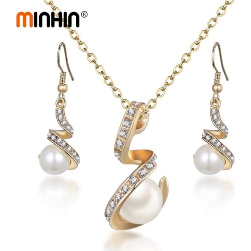 MINHIN Women Fashion Necklace Earrings Jewelry Set Gold Silver Color Pendant Simulated Pearl Wedding Sets Dubai Jewelry Sets