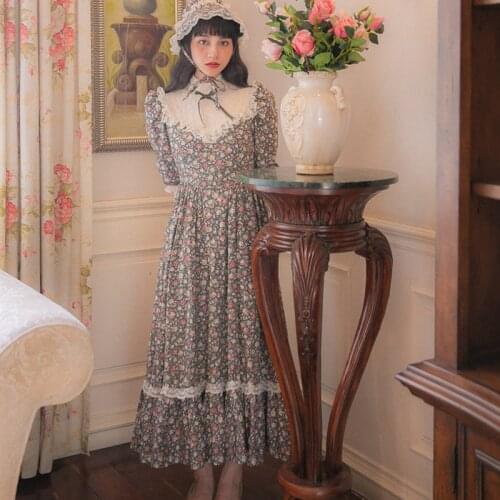 Farm Girlish Sieveld Style Retro French Floral Cotton Long Sleeve Big Swing Sen Womens Dress with Soft Hat