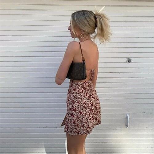 Puloru Summer Printed Backless Tie Up Short Dress Women Sleeveless Halter Neck Sundress Vacation Party Slim Slit Pencil Dress