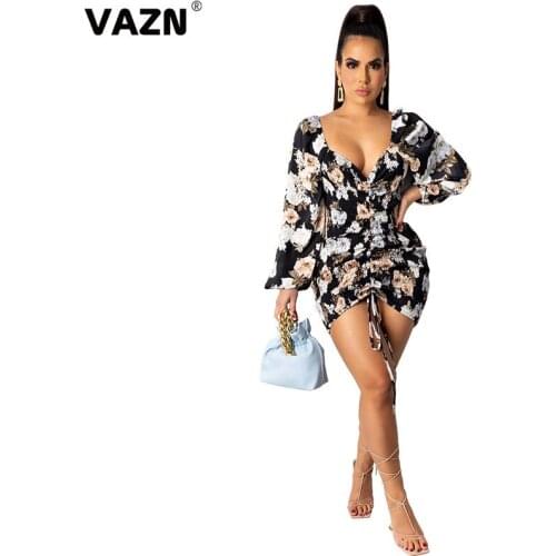 VAZN 2021 Spring Little Chap Retro Print Sexy Young Strapless Bandage Top Full Sleeve Women High Waist Thin Mini Dress