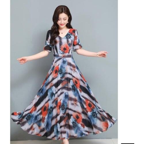 2021 New Summer Women Dress Chiffon Long Slim Beach Plus Size Women Vintage Zipper Sashes Vestidos Elegantes Dresses