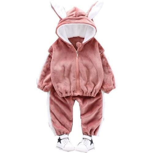Winter home service suits for boys and girls thickened double-sided plush rabbit hooded warm pajamas for baby boys and girls