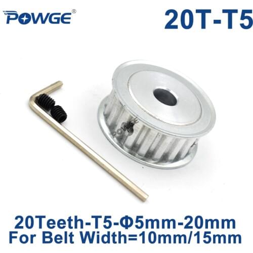 POWGE 20 Teeth T5 Timing Synchronous pulley Bore 5/6/6.35/7/8/10/12/14/15/16/17/19/20mm for belt width 10/15mm Gear 20teeth 20T