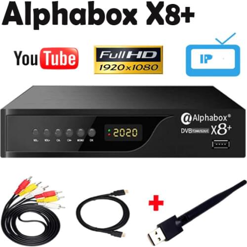 2021 ALPHABOX X8+ decorder 1080p H.265 Full HD DVB-S2&T2 Combo youtubi Powervu Key Satellite Receiver vs gt media v7 pro T26