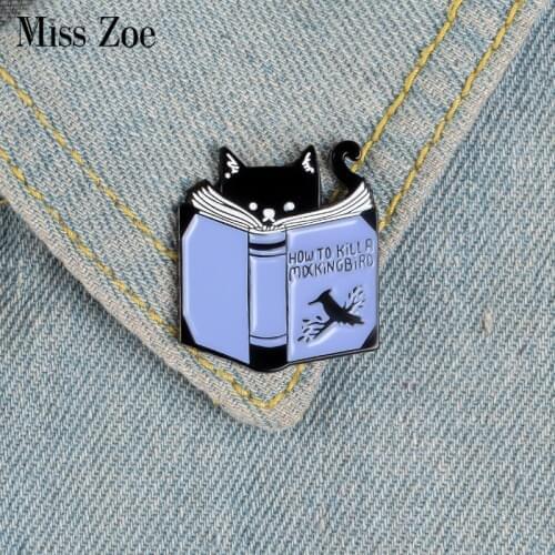 Reading Cat Enamel Pin Custom Animal Book Brooches Bag Clothes Lapel Pin How to Kill A Mocking Bird Badge Creative Jewelry Gift