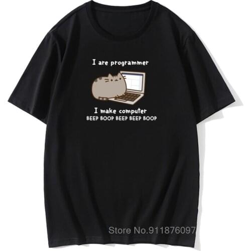 Computer Programmer Cat Kawaii Design Funny Tshirts IT Hacker Worker Cat Mens Retro Casual New Tee Shirt Cotton Retro
