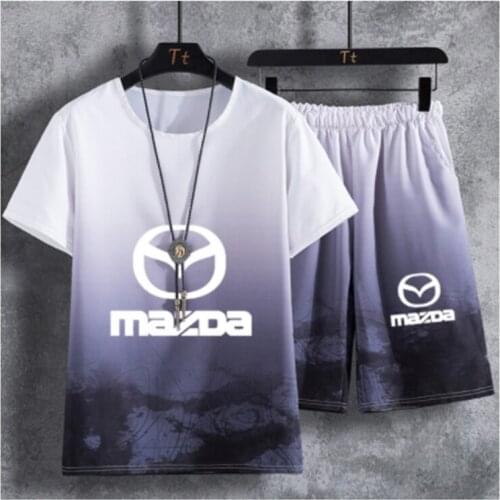 Summer Mens short sleeve Mazda Car Logo Printing Cotton High Quality Casual Mens short sleeve P+ pants 2-piece suit