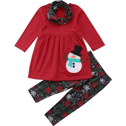 Lovely Xmas 3pcs Casual Clothing Baby Girl Christmas Outfits Clothes Snowman T-shirt Tops Snowflake Print Leggings Costume1-6T