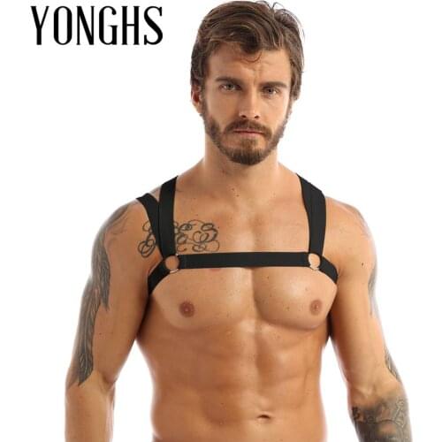 Harness Men Double Shoulder Straps Elastic Chest Muscle Harness Belt with Metal O-rings Fancy Club Party Costume Strap Accessory