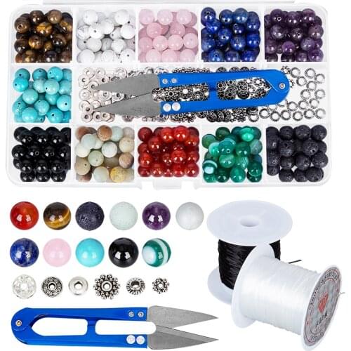 264Pcs 8mm Stone Beads Box Set Kit Bead Bracelet Kit Bulk Black Lava Rock Stone DIY Mixed Color Bracelet Jewelry Making Tool Kit