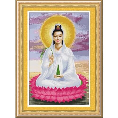 Guan Yin Lotus Art Goddess of Compassion Stamped Cross Stitch Kit, 21.3" x 30.3"