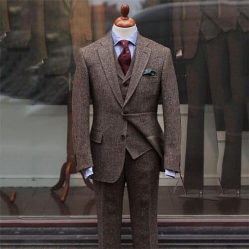 2020 Latest Coat Pants Designs Brown Tweed Suits Men Slim Fit Formal Wedding Men Suit 3 Pieces Tuxedo Groom Terno Masculino
