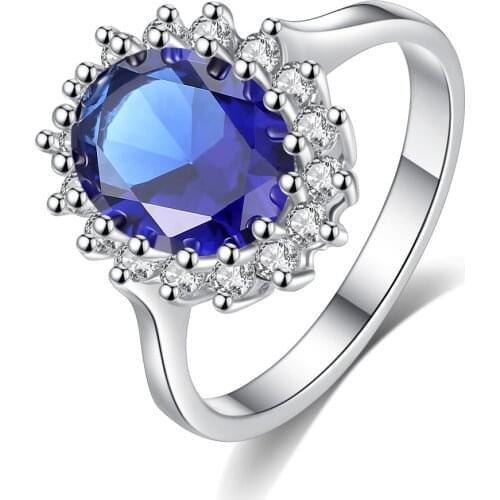 Princess Diana William Kate Gemstone Rings Sapphire Blue Wedding Engagement Crystal Finger Ring for Women
