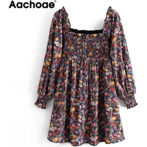 Aachoae Women Bohemian Floral Print Mini Dress Elegant Beach Dresses Elastic Bust Vintage Dress Spring Summer Vestidos Mujer