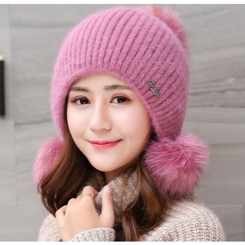 Rabbit Plush Hats Women Winter Fashion Beanies Sweet Cute Hedging Cap Velvet Wool Hat Student Hair Ball Caps Warm Knit Hat