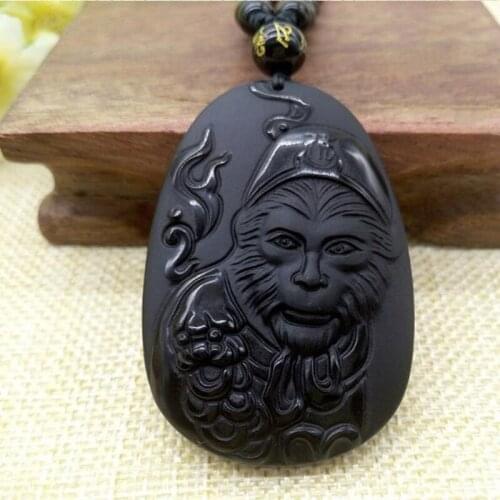 Natural Obsidian Sun WuKong Jade Pendant Jewelry Lucky God of War Auspicious Amulet Pendant Necklace Fine Jewelry