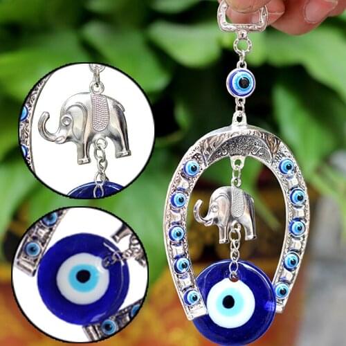 Turkish Blue Eye Horseshoe with Elephant and Ribbon Wall Hanging Amulet Ethnic Lucky Gift Pendants Home Car Hanging Decorations