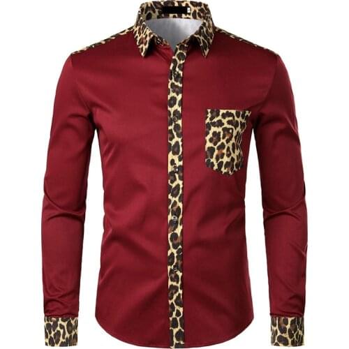 Men Splice Leopard Printed Shirt Pocket Dress Shirt Long Sleeve Male Fashion Brand Button Shirts Camisas Hombre