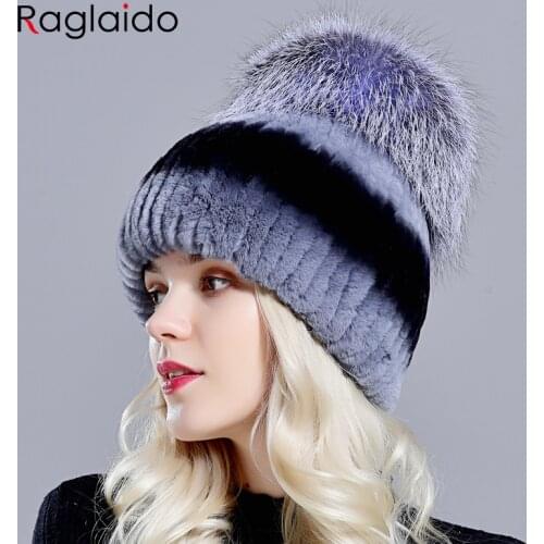 Women fur hats winter warm rex rabbit fur handsewn knit real fox fur beanies luxury fluffy stylish Genuine fur hat for girls