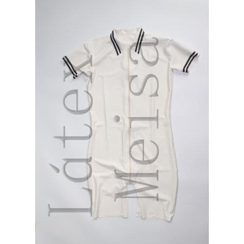 Mens black stripes decoration polo Fetish latex bosysuit one piece attached front zip to ass in white color