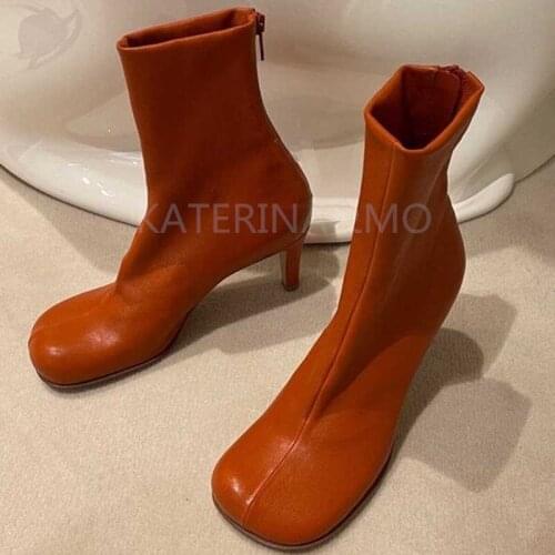 KATERINA&MO New Comfortable Genuine Leather Fashion Ankle Boots Woman Design Square Toe stiletto High Heels Short Boots