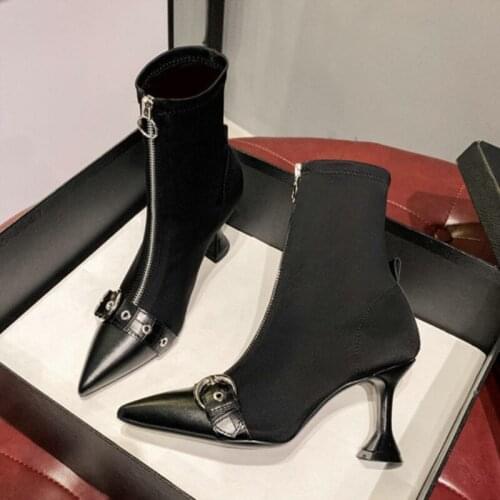 Luxury Pointed Toe Wineglass Heel Boots Front Zipper And Metal Buckle Womens Boots Fashion All-match Stretch Satin Boots