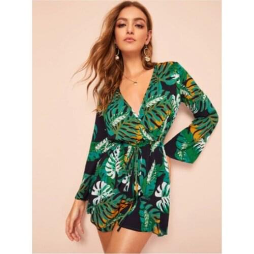Neatie kiddie Sexy Casual Leaves Print V-neck Jumpsuit OL Long Sleeve Romper Jumpsuit Women Summer Playsuit