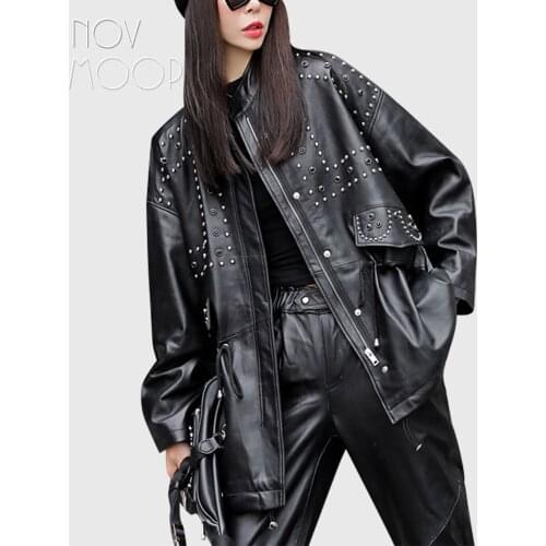 Siiboo sheepskin genuine leather women trench coat jacket free size batwing sleeve rivet decored wild girl style LT3523