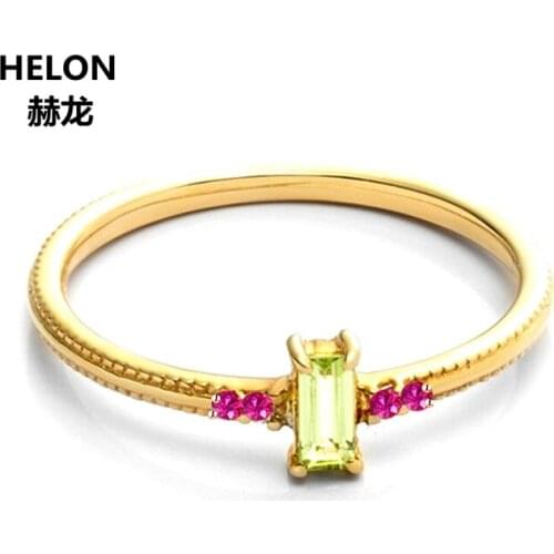Solid 14k Yellow Gold Women Ring Natural Ruby Peridot Engagement Wedding Anniversary Party Fine Jewelry Gift Trendy Millgrain