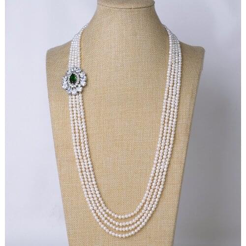 3 Rows Natural Freshwater Cultured White Pearl Green CZ Connector Necklace For Women